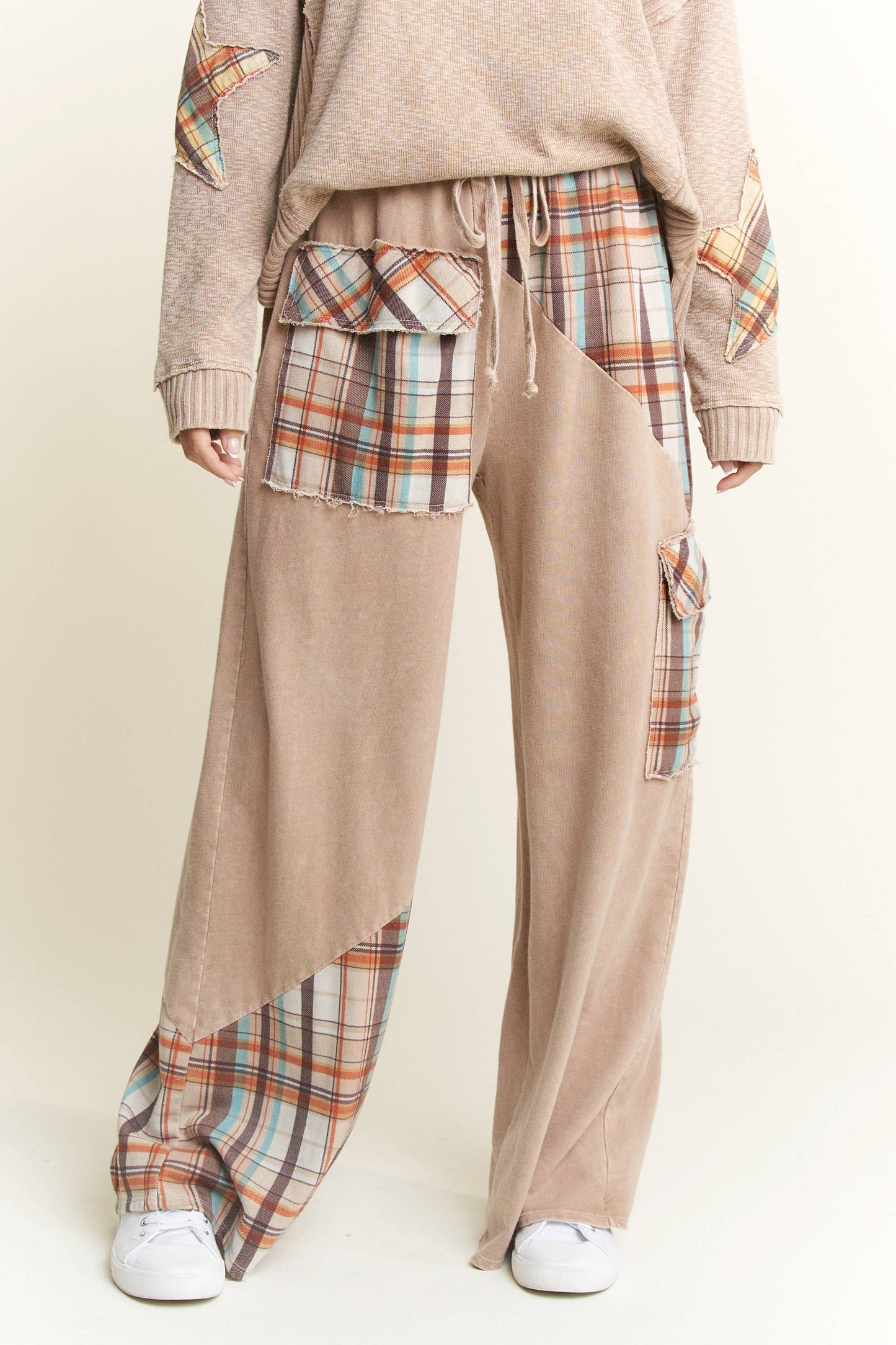 J.HER Mineral Wash Plaid Patched Straight Terry Pants