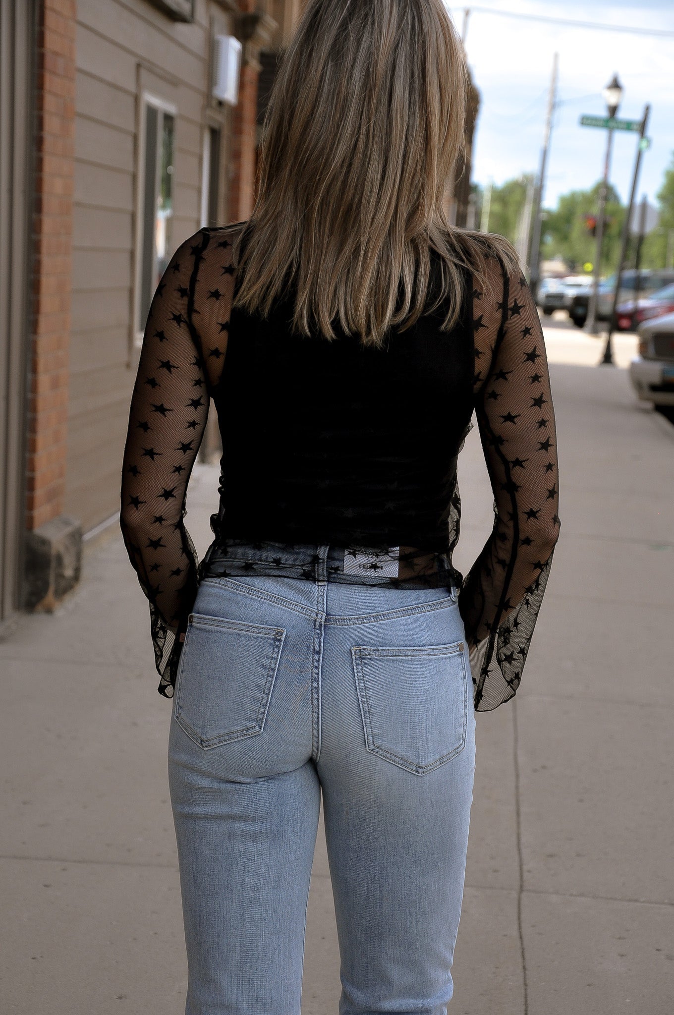 High Neckline Bell Sleeves Star Mesh Top