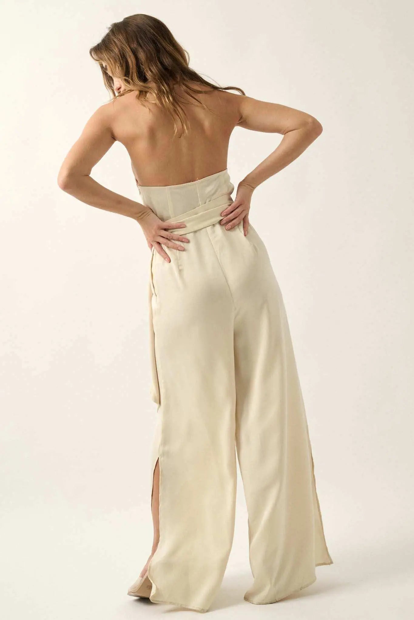 Style Icon Satin Belted Wide-Leg Halter Jumpsuit
