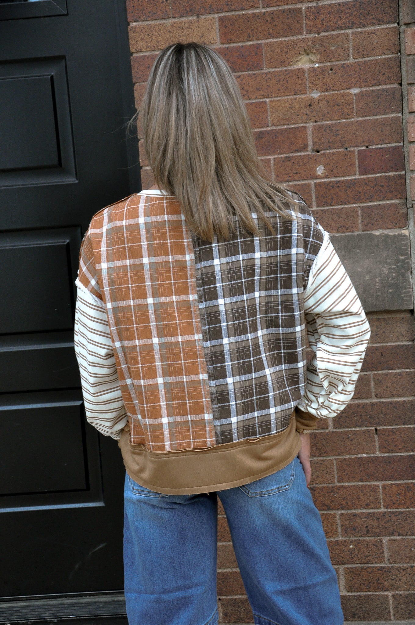 Plaid/Stripe Top w/Open Seam Detail