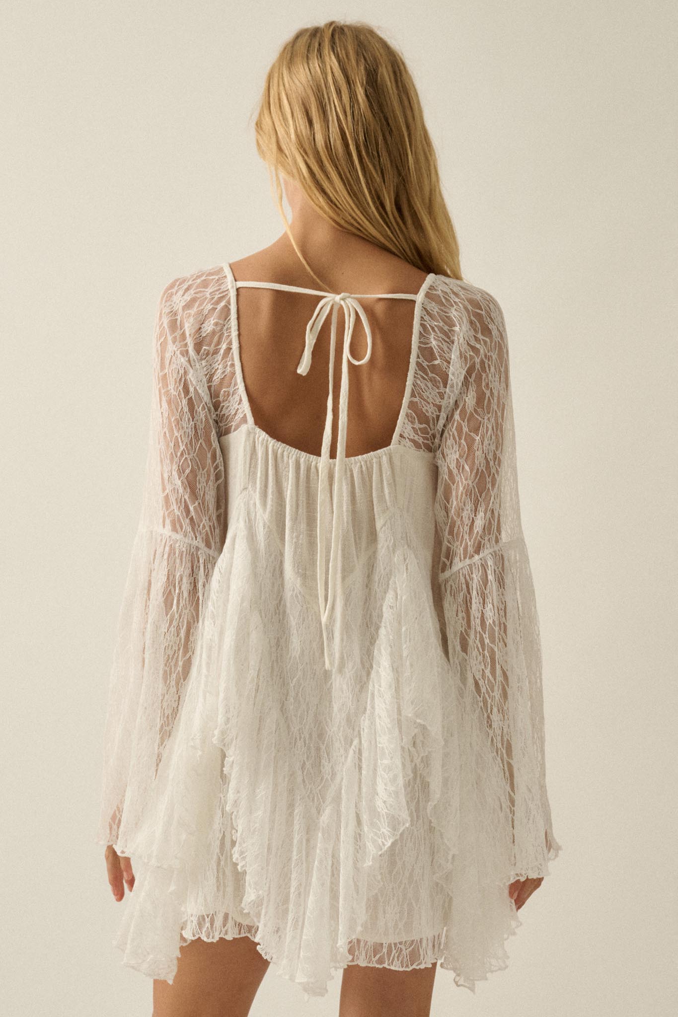 Morning Whisper Ruffled Lace Bell-Sleeve Romper