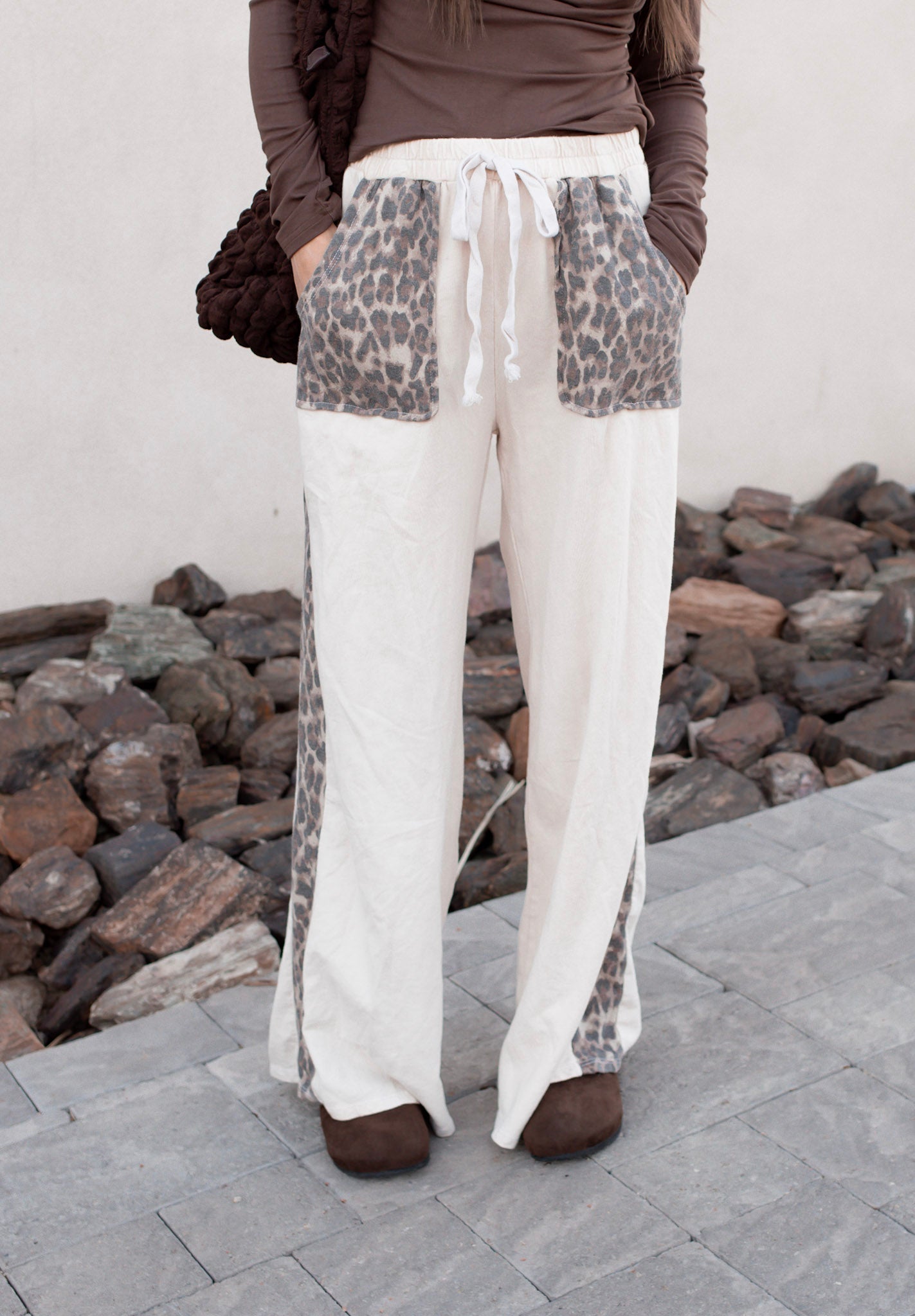 Mineral Washed Leopard Print Pocket Side Trim Pants