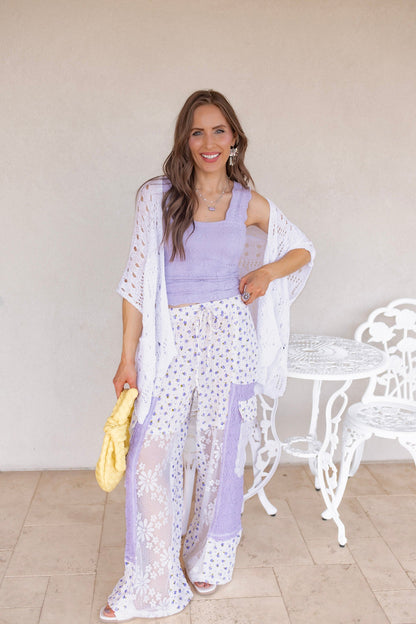 Relaxed Fit Lace Pants with Stitch Detail and Floral Pattern