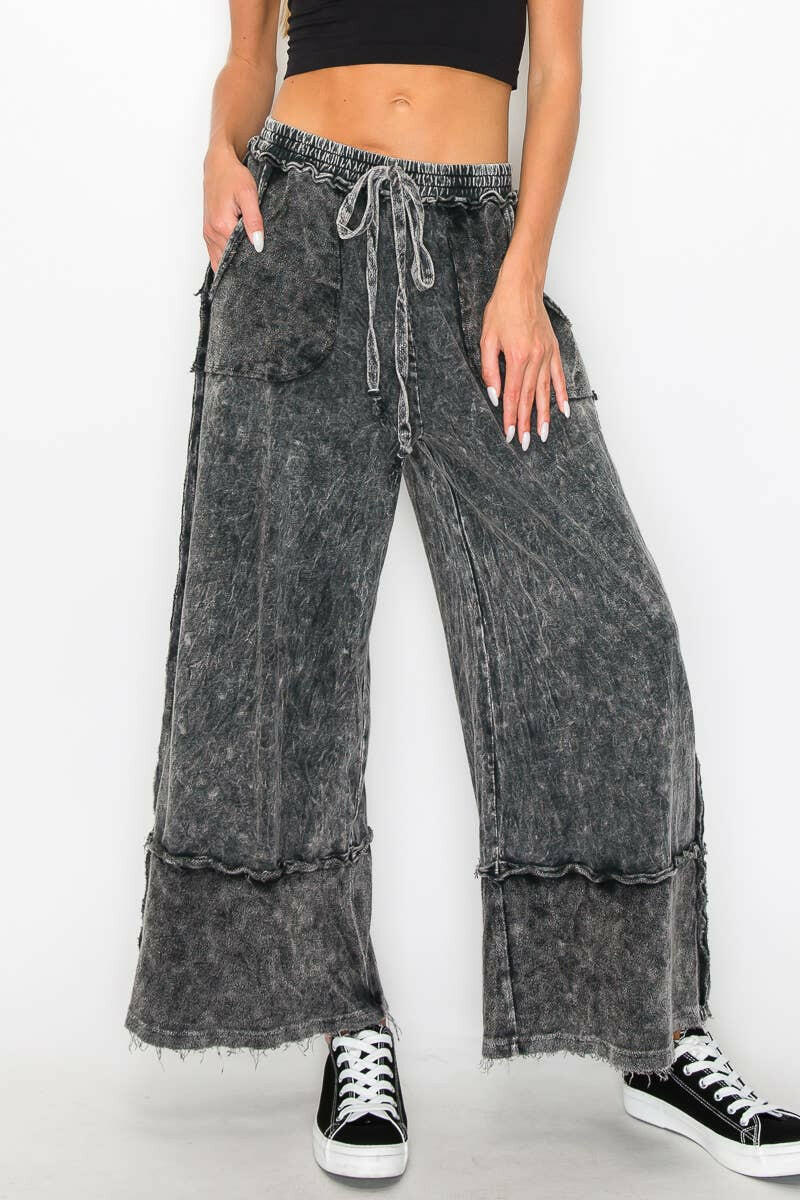 J.HER Mineral Wash Wide Pants with Raw Hem Frayed Details