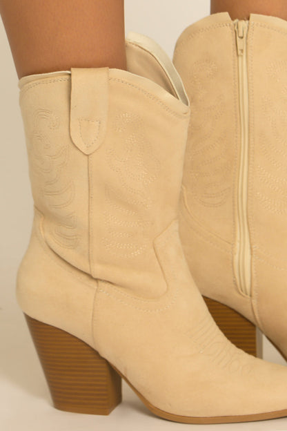 Beige Embroidered Pointed Toe Western Cowboy Boots - Rennie