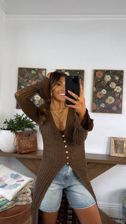 Rustic Rose Knit Long Cardigan, Mocha