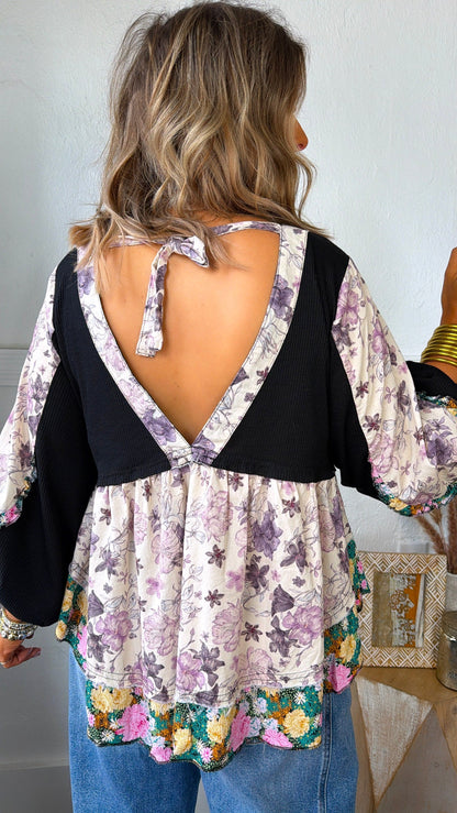 Studio Floral V-Neck Top, Black Multi