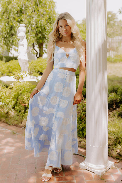 Sunkissed Meadow High Waist Embroidered Maxi Skirt in Sky Blue