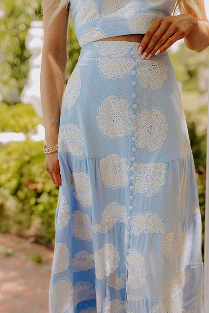 Sunkissed Meadow High Waist Embroidered Maxi Skirt in Sky Blue