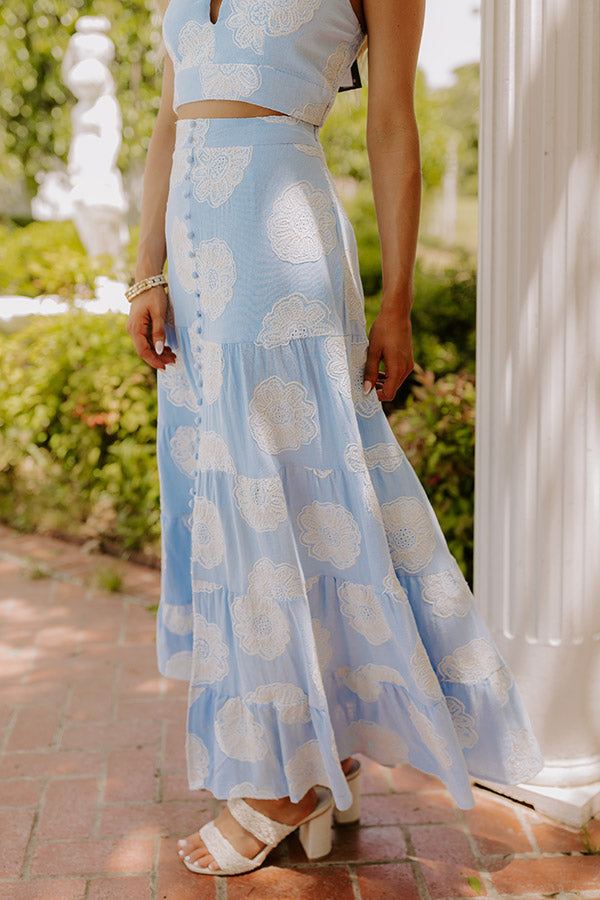 Sunkissed Meadow High Waist Embroidered Maxi Skirt in Sky Blue