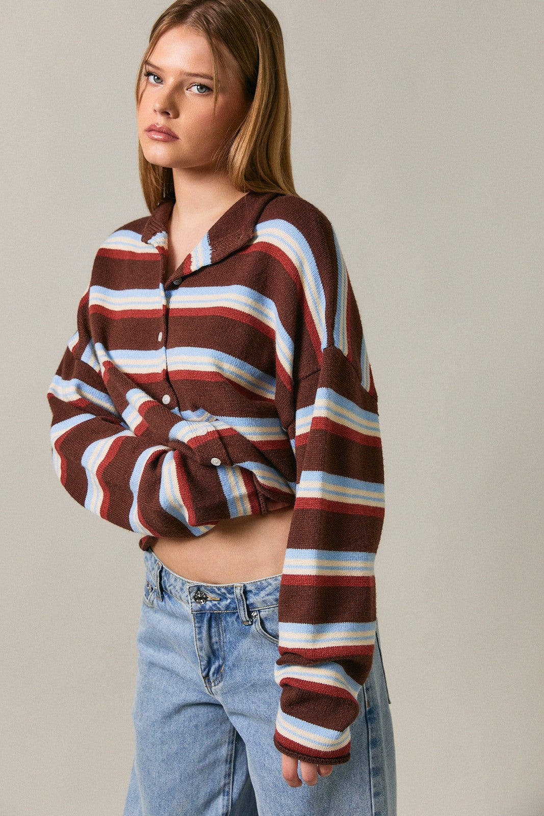Roll Hem Buttons Detail Striped Cardigan