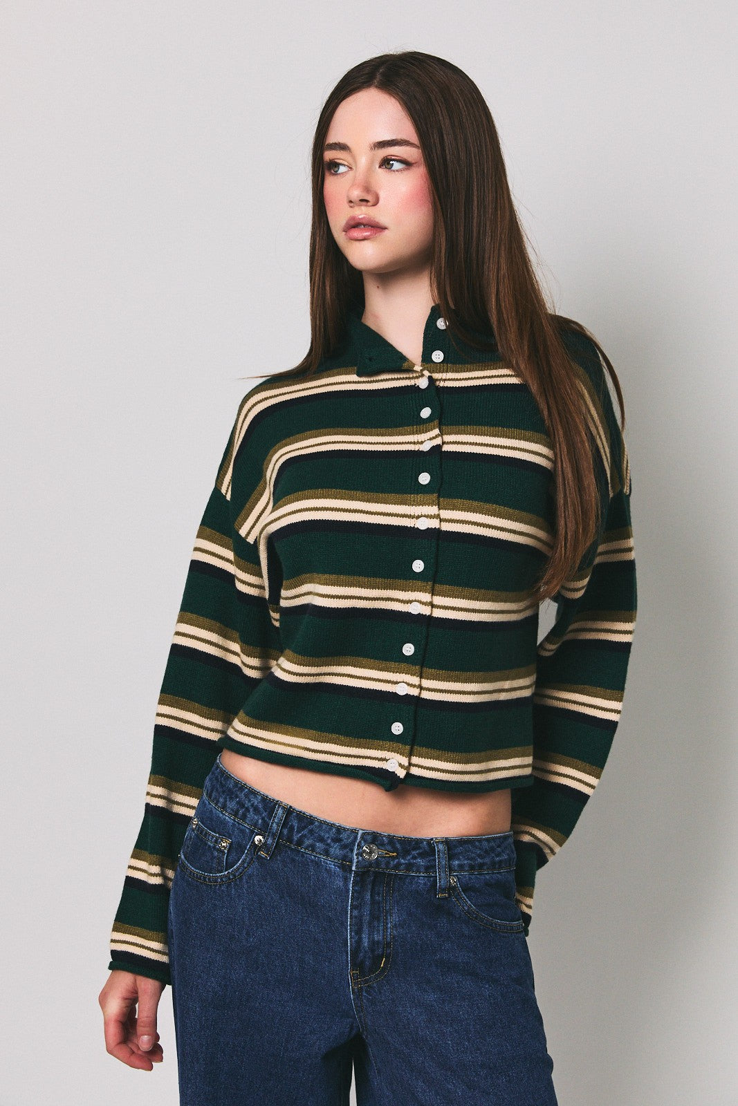 Roll Hem Buttons Detail Striped Cardigan