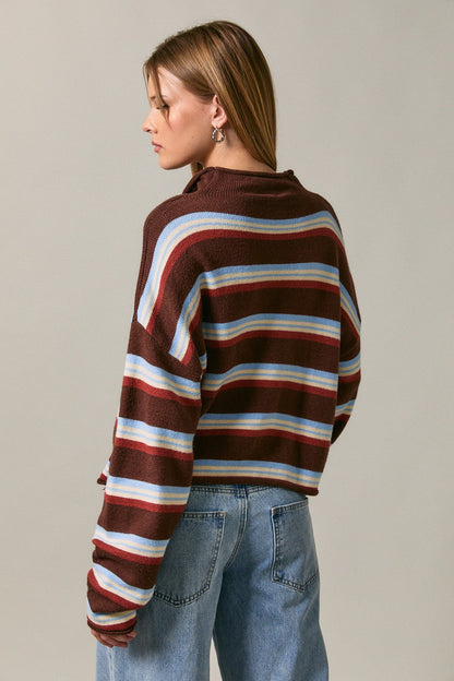 Roll Hem Buttons Detail Striped Cardigan