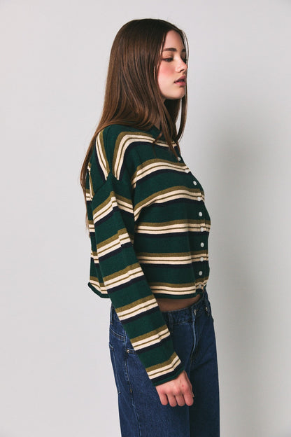 Roll Hem Buttons Detail Striped Cardigan