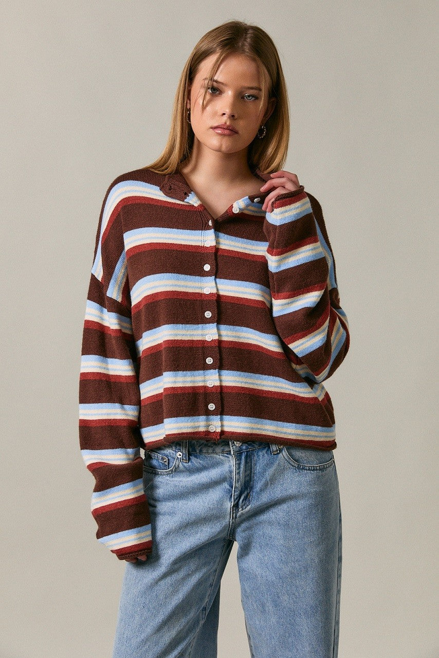 Roll Hem Buttons Detail Striped Cardigan