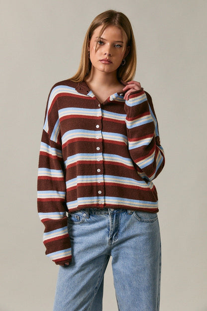 Roll Hem Buttons Detail Striped Cardigan