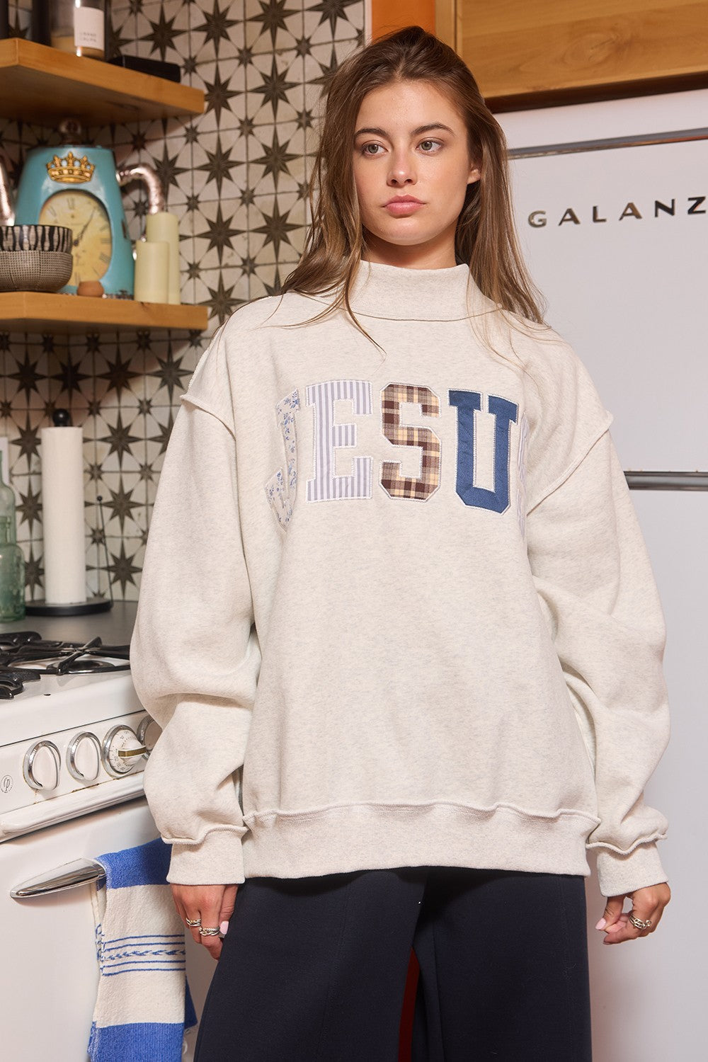 Jesus Embroidered Mock-neck Sweatshirt