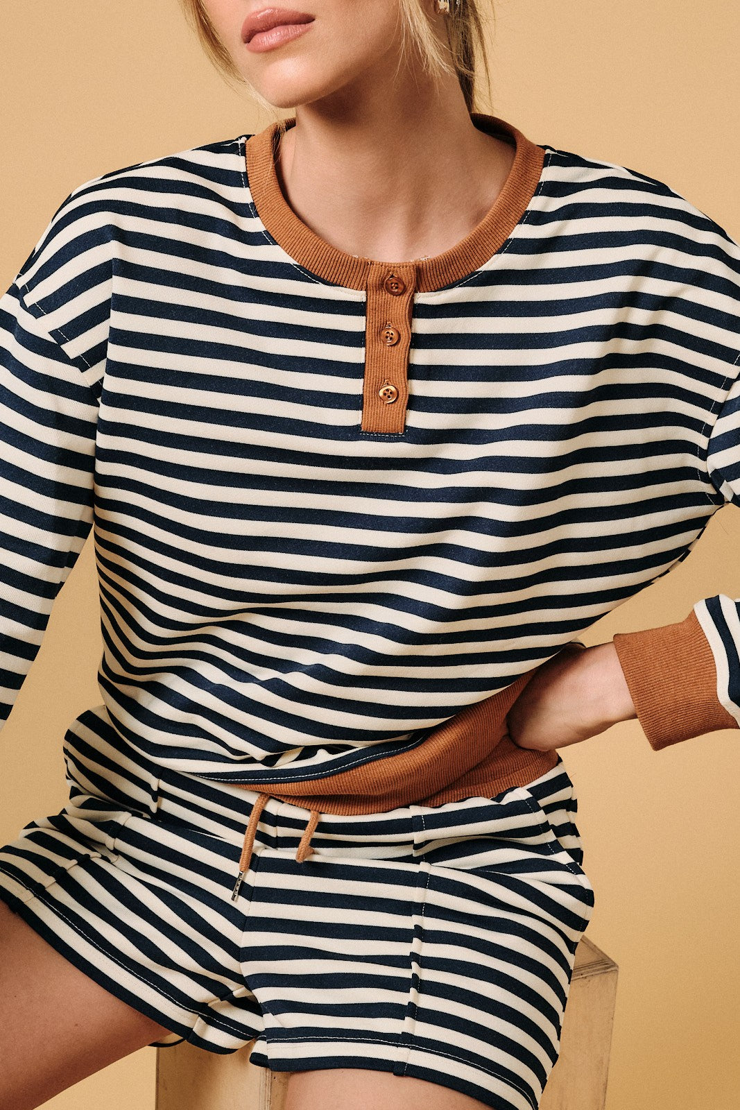 Henley Neck Contrast Detail Stripe Sweatshirt