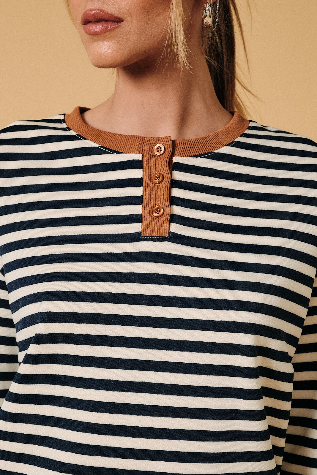 Henley Neck Contrast Detail Stripe Sweatshirt