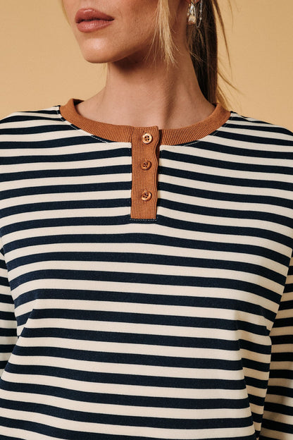 Henley Neck Contrast Detail Stripe Sweatshirt