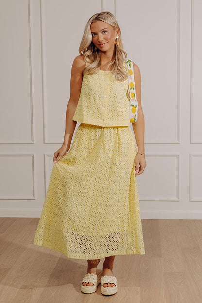 Picnic In Provence High Waist Eyelet Midi Skirt