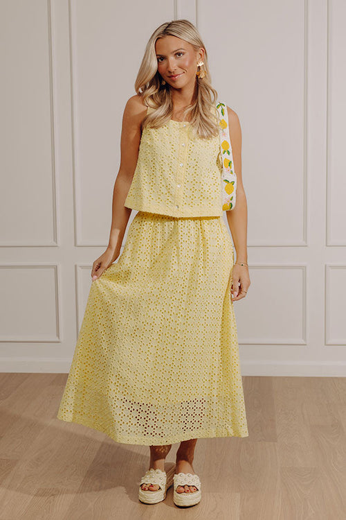Picnic In Provence High Waist Eyelet Midi Skirt