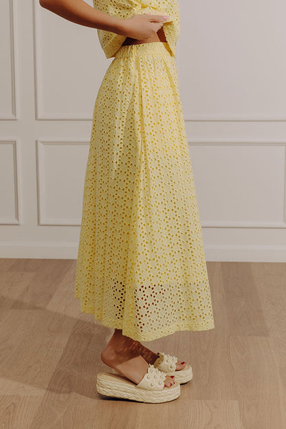 Picnic In Provence High Waist Eyelet Midi Skirt