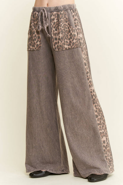 Mineral Washed Leopard Print Pocket Side Trim Pants