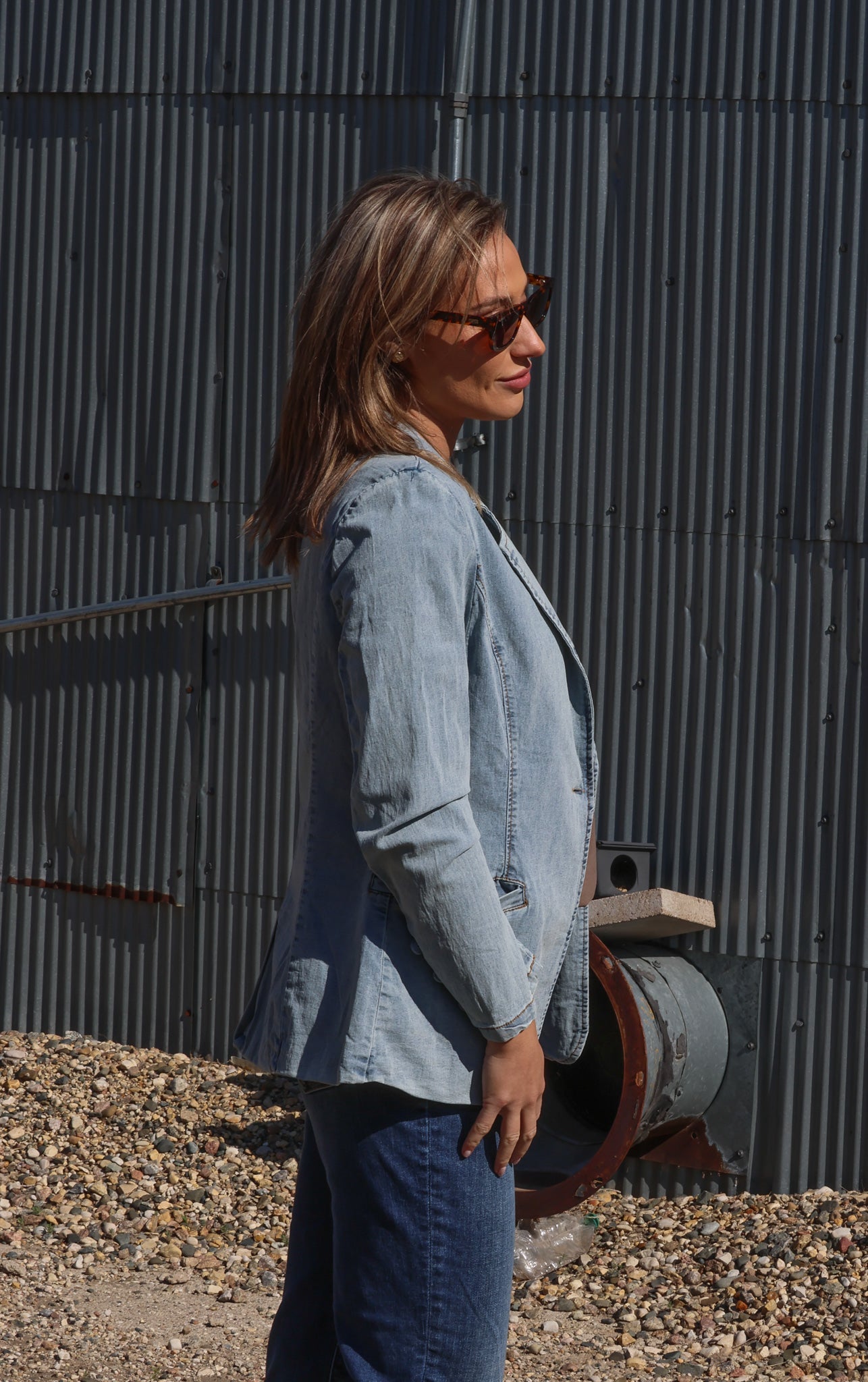 Single Breast Front Pocket Denim Blazer