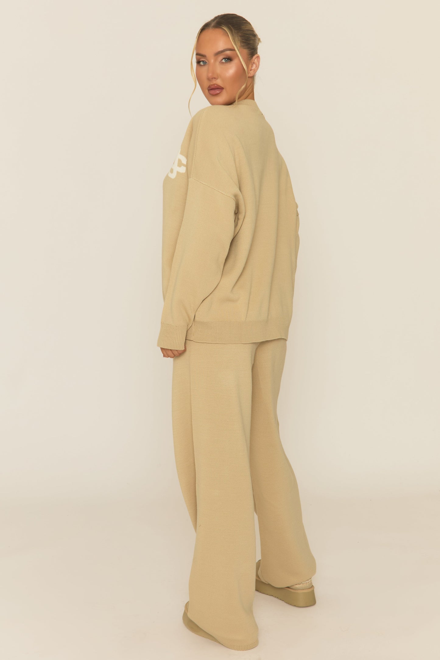 Beige Contrast Motif Knit Loungewear Co-ord Set - Regan
