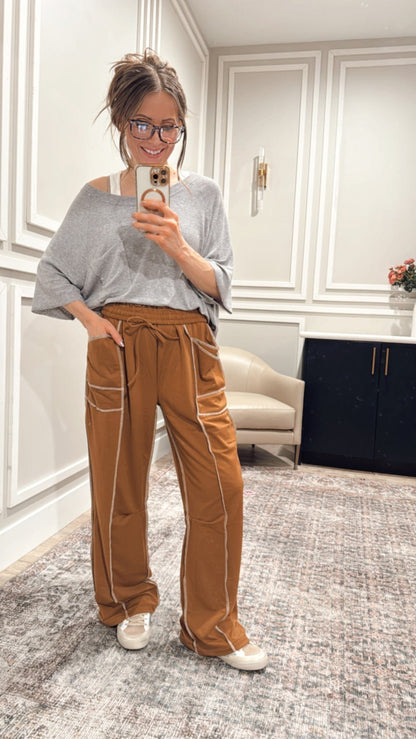Luxe Contrast Stitching Wide Leg Pants