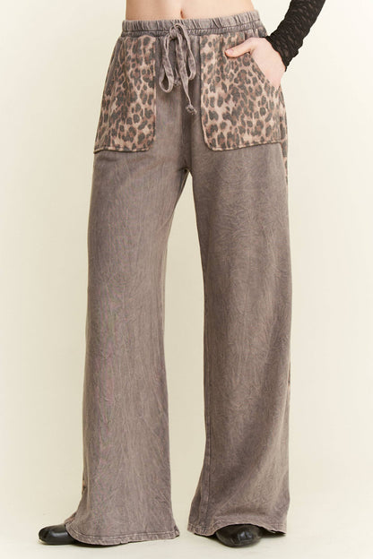 Mineral Washed Leopard Print Pocket Side Trim Pants