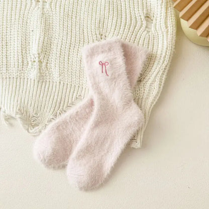 Bow Embroidered Fuzzy Socks