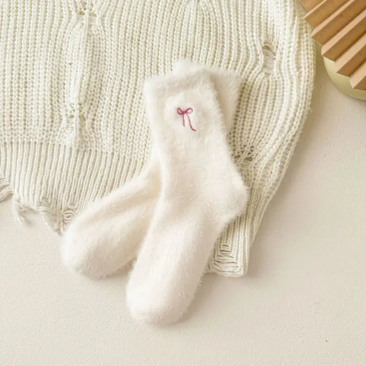 Bow Embroidered Fuzzy Socks