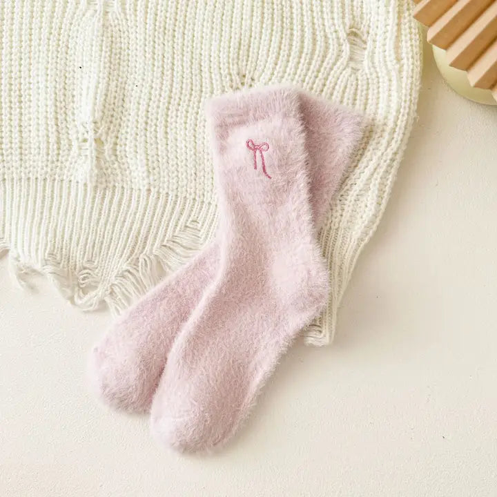 Bow Embroidered Fuzzy Socks