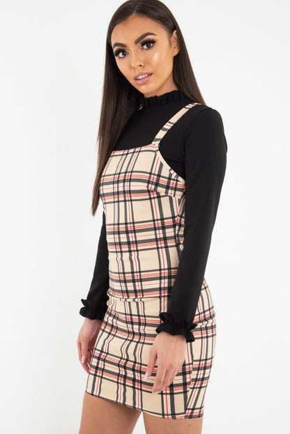 Beige Red Check Square Neck Mini Dress - Kysa