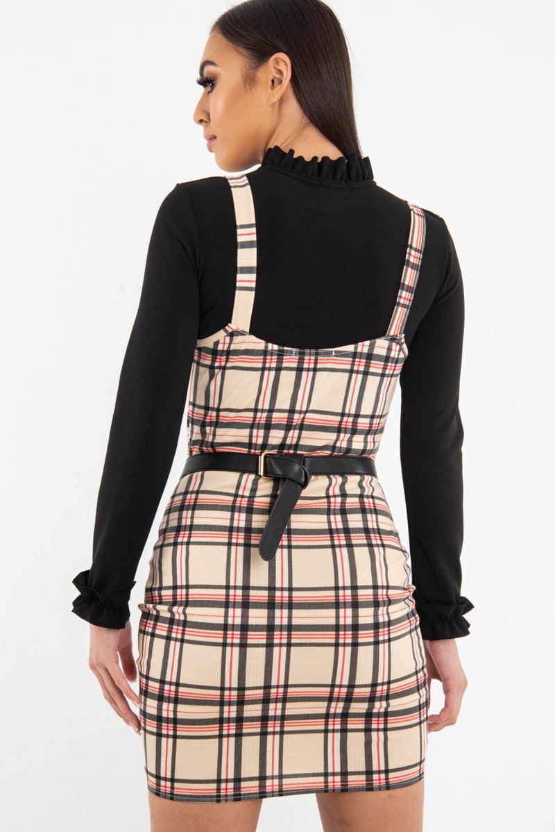 Beige Red Check Square Neck Mini Dress - Kysa