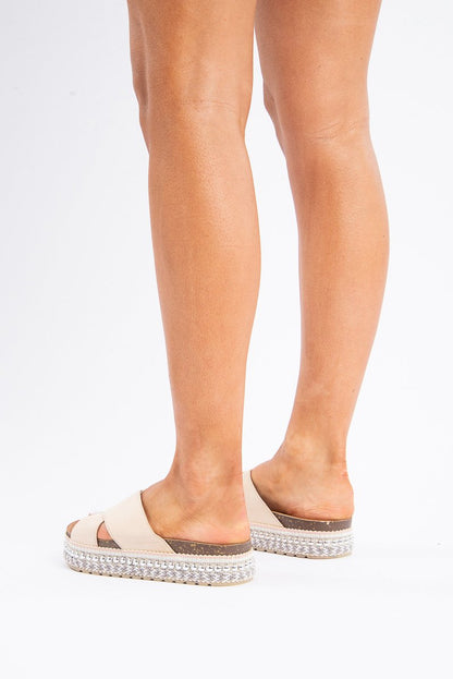 Beige Silver Studded Platform Slider - Camyia