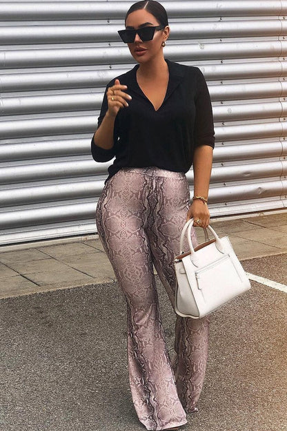 Beige Snake Print High Waisted Flared Trousers - Kamryn