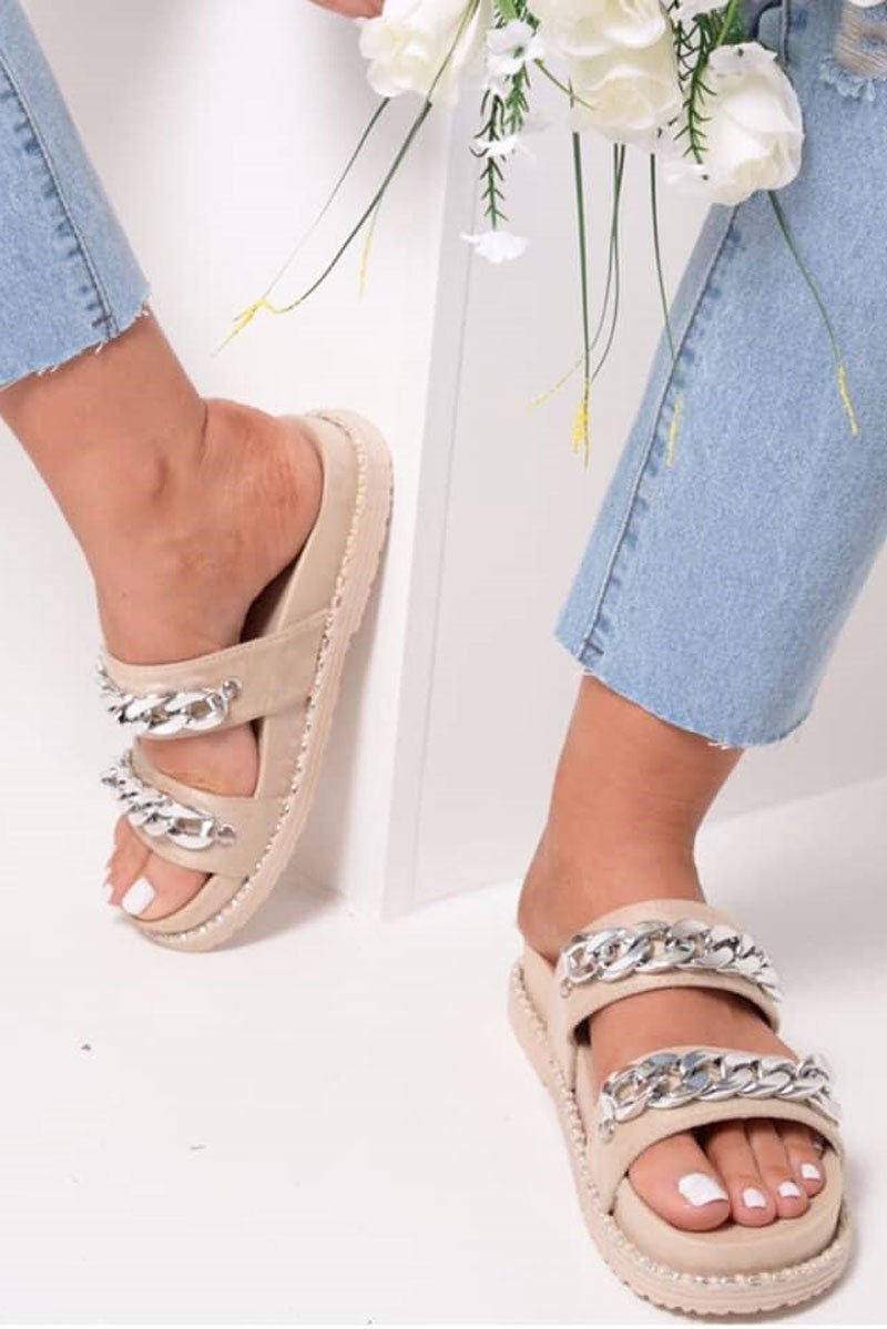 Beige Two Strap Chain Sliders - Marely