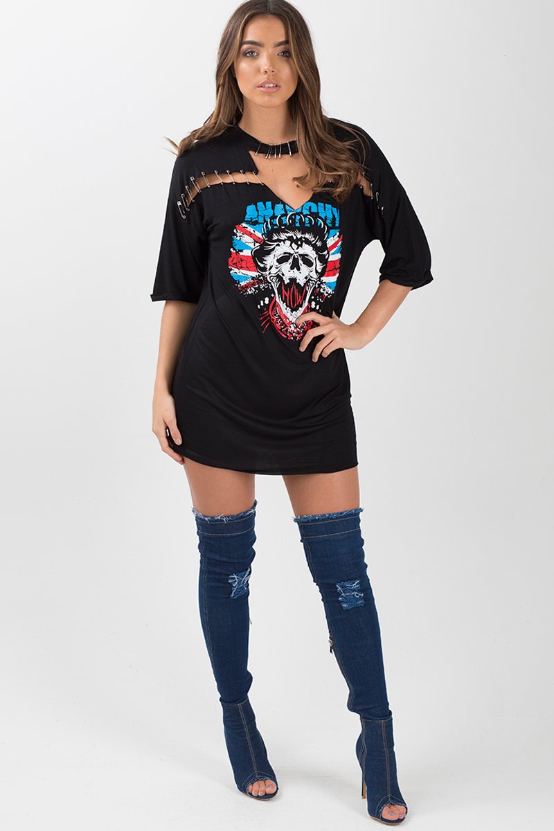 Black Anarchy Cut Out Pin Detail T-Shirt Dress - Lollie
