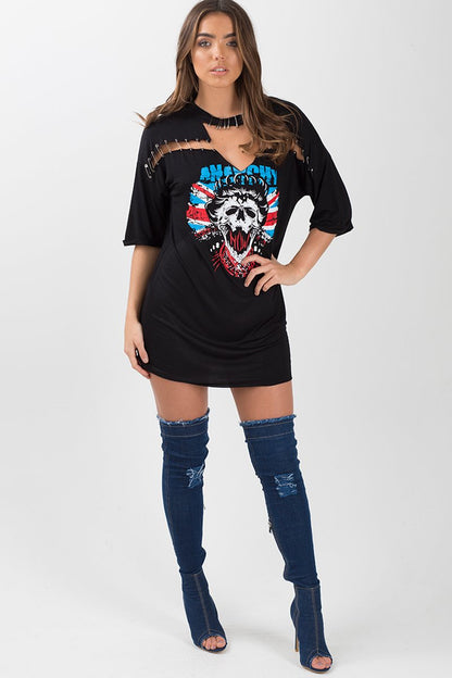 Black Anarchy Cut Out Pin Detail T-Shirt Dress - Lollie