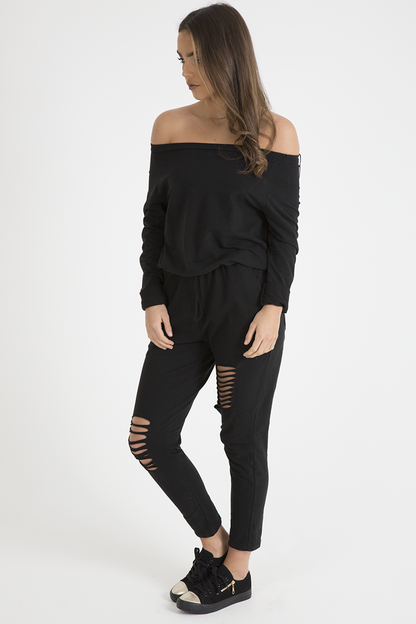 Black Bardot Distressed Jumpsuit - Bethan