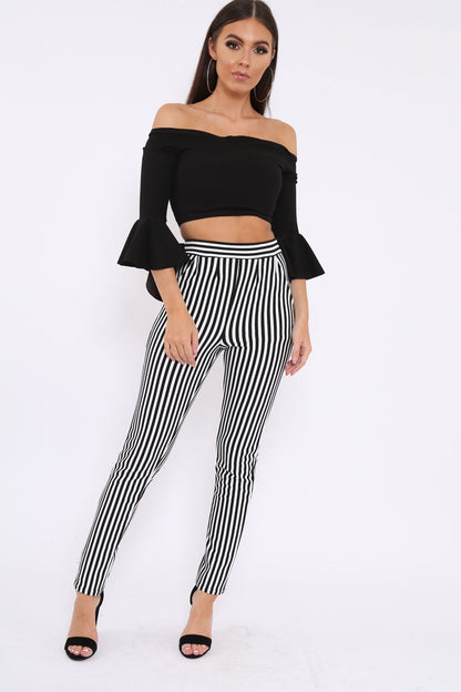 Black Bardot Frill Crop Top with Flared Sleeves - Tiffy