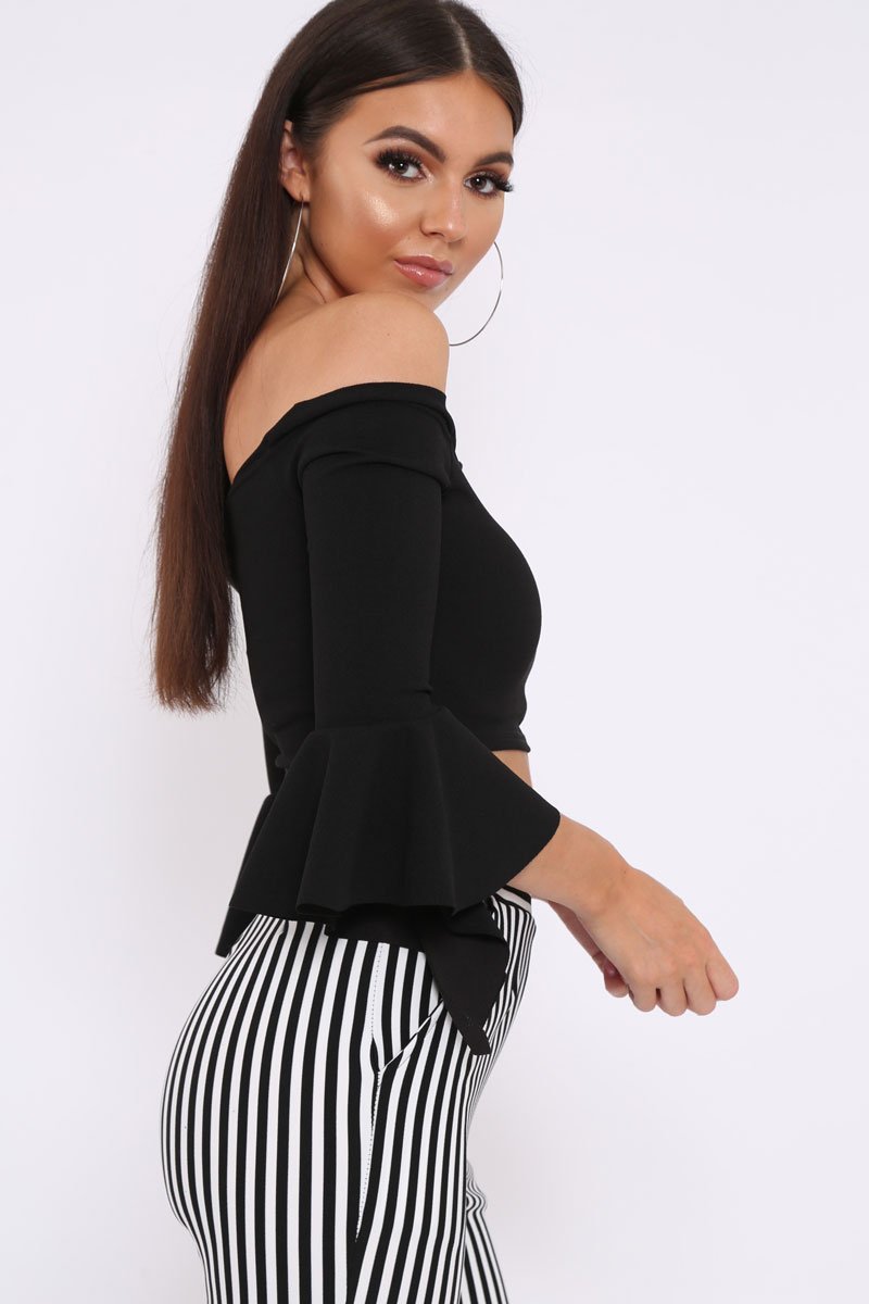 Black Bardot Frill Crop Top with Flared Sleeves - Tiffy
