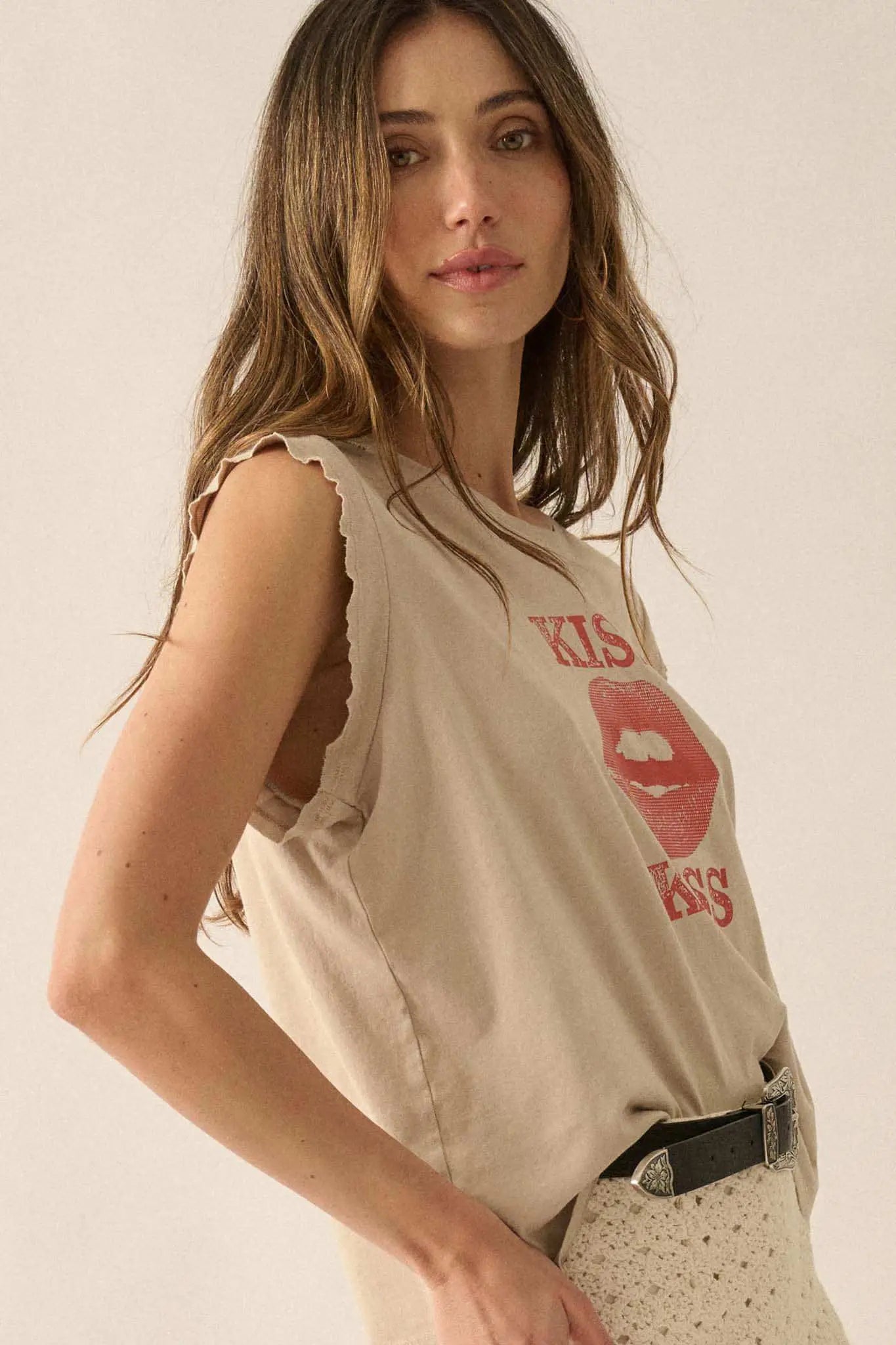 Kiss Kiss Distressed Sleeveless Graphic Tee