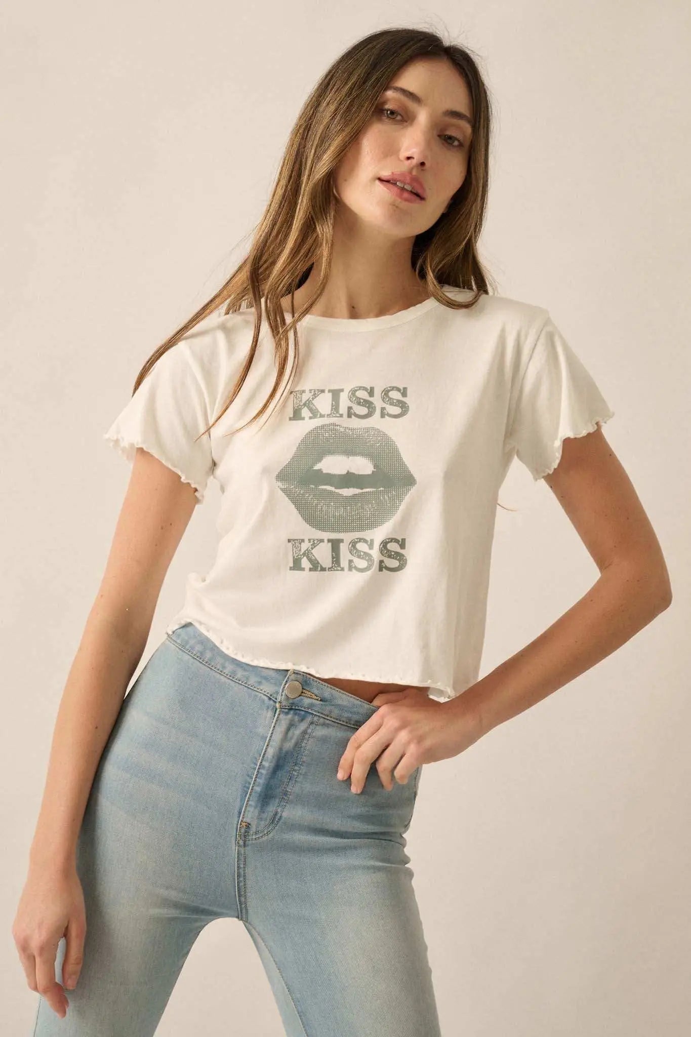 Kiss Kiss Cropped Lettuce-Edge Graphic Baby Tee