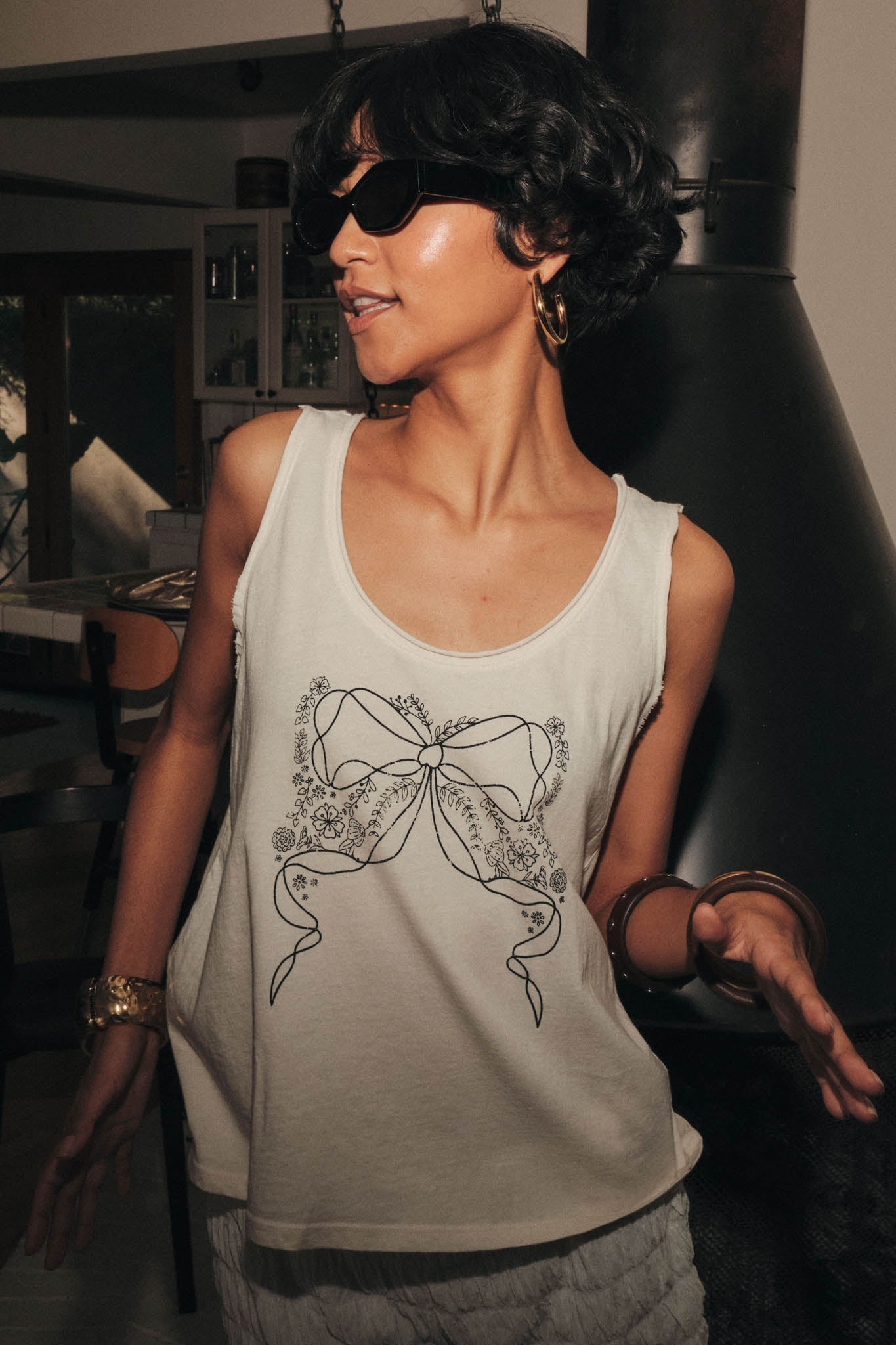 Bowed Beauty Raw-Edge Floral Graphic Tank Top