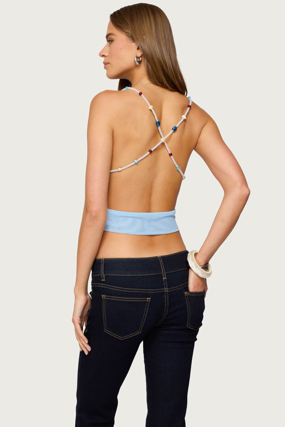 Beaded Deep Cowl Neck Backless Top