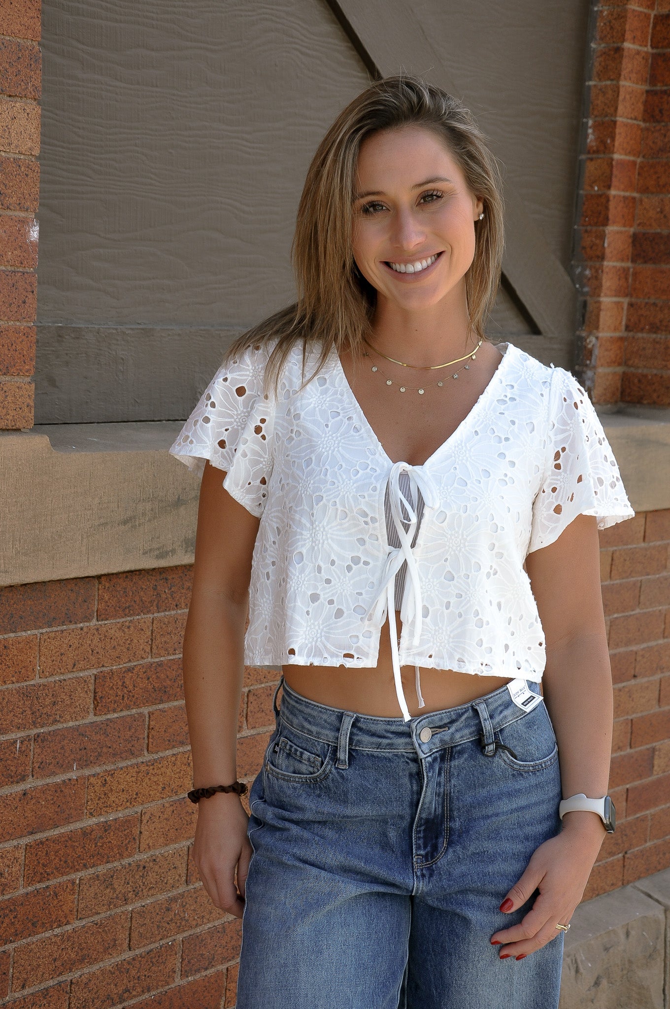 Eyelet Tie-front Lined Cotton Top